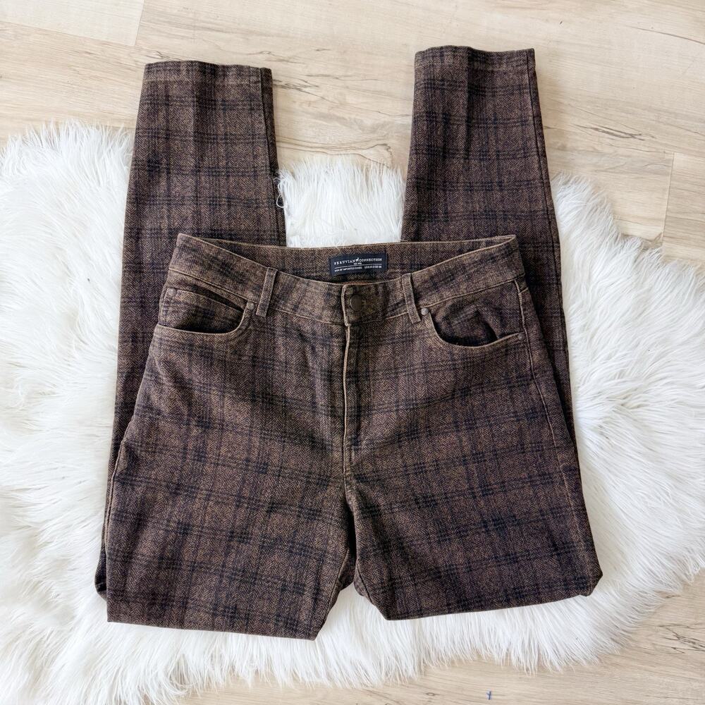 Peruvian Connection Plaid Brown Pants Stretch Cotton Straight Leg Size 8 S4902
